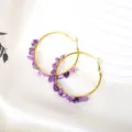 Natural gemstone crystal chip hoop earrings in gold with purple amethyst for vacation style. - Amethyst / Gold