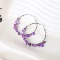 Handmade natural amethyst chip stone hoop earrings stainless steel oversized vacation jewelry - Amethyst / Silver