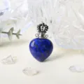 Pendentif Flacon de Parfum Cœur en Lapis-Lazuli Naturel avec Bouchon Métallique Couronne Bijou - Lapis Lazuli-Argent