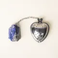 Stainless steel heart-shaped tea strainer with blue crystal raw stone pendant for loose tea leaf. - Sodalite