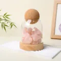 Pink crystal raw stone night light with glass cover and wooden base for desktop decor. - Rose Quartz
