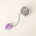 Stainless steel tea infuser with natural crystal rough stone pendant, durable filter for loose tea. - Amethyst