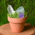 Natural crystal potted ornament, raw mineral specimen with moss in a terracotta pot for desktop decor. - Style 6