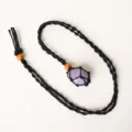 Handmade woven crystal necklace featuring a purple stone pendant and adjustable rope design. - Amethyst with Black Mesh Pouch