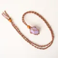 Hand-woven brown rope net pocket crystal stone pendant necklace adjustable daily jewelry - Amethyst + Brown Net Pocket