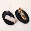 Schwarze Keramik ovale Räucherstäbchenhalter Schale Set für Palo Santo und Salbei - Schale + Salbei + 2 Heilige Hölzer