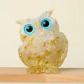 Crystal resin owl figurine with gold foil flakes and blue eyes home decor ornament. - Gold Foil Blue Moonstone Style