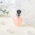 Pendentif flacon de parfum en quartz rose cœur avec bouchon couronne argenté, joli bijou cristal. - Quartz Rose-Argent
