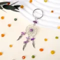 Llavero atrapasueños de cristal natural con gemas moradas y colgantes de plumas plateadas. - Amatista