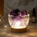 Aromatherapie kristalsteen sfeer nachtlampje met houten basis en natuurlijk paars kristal. - Donkerpaarse Kristal Stijl
