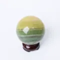 Natural green yellow crystal sphere gemstone ball with wooden display base 6-7cm decor - 6-7cm