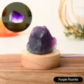 Natural purple fluorite crystal raw stone night light with wooden base for bedroom decor. - Colorful