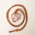 Handmade raw rose quartz crystal net pouch braided necklace with adjustable wooden beads. - Pink Crystal - Brown Mesh Pocket