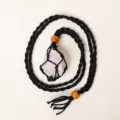 Handcrafted raw crystal quartz stone necklace with adjustable black woven rope net and wood beads. - Pink Crystal - Black Mesh Pocket