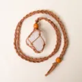 Handmade crystal stone cage braided necklace with adjustable rope pocket and wood beads. - White Crystal - Brown Mesh Pocket