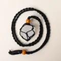Handmade black braided rope net necklace with natural crystal quartz stone and wood beads. - White Crystal - Black Mesh Pocket