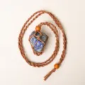 Handcrafted natural stone necklace with adjustable woven net pocket and wooden bead charms. - Lapis Lazuli - Brown Mesh Pocket