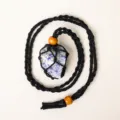 Handmade black woven rope crystal necklace pendant with natural stone and wooden beads - Lapis Lazuli - Black Mesh Pocket