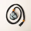 Handcrafted black woven cord necklace featuring natural green crystal stone and wood beads. - Green Aventurine - Black Mesh Pocket