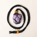 Natural raw crystal stone pendant with black handmade braided rope necklace variant item - Amethyst - Black Mesh Pocket
