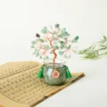 Handcrafted natural green crystal money tree ornament with glass vase for desktop decor. - Green Aventurine Blessing Tree Ornament / Green