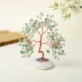 Natural Green Crystal Money Tree Ornament with White Base and Copper Wire Branches - Green Aventurine Round Base Crystal Tree / 21 Branches 7 Beads