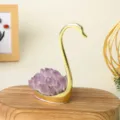 Natuurlijk kristallen zwaan ornament met amethyst cluster, gouden metalen bureau decor. - Enkele Zwaan (Amethist Tand)