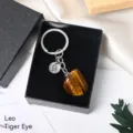 Natural tiger eye stone keychain leo zodiac metal keyring in black gift box packaging. - Leo (Tiger Eye)
