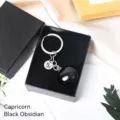 Capricorn black obsidian crystal keychain with zodiac sign charm and gift box for car and bag. - Capricorn (Obsidian)