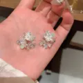 Silver crushed texture zircon flower stud earrings for women, exquisite and elegant daily jewelry. - Silver
