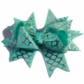 Teal gold mermaid scale hair bow detail, sparkling ribbon bowknot for cute girls hair accessories. - Aqua