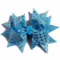 Blue gold mermaid scale hair bow detail shot, children hair accessories DIY bow clip material. - Blue