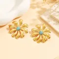Boucles d'oreilles fleurs dorées avec pierre turquoise pour femmes bijoux élégants chic - Boucles d'Oreilles (E01260) / Turquoise (E01260)