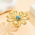 Gold flower statement ring with blue stone open adjustable ring for women fashion jewelry - Steel - Turquoise