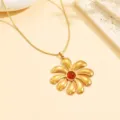 Collier pendentif fleur en or avec pierre rouge, bijoux minimaliste plaqué or 18K pour femmes. - Collier (D00042) / Agate Rouge (D00042)