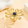 Exquisite gold flower ring with blue stone, adjustable stainless steel jewelry for women. - Steel - Lapis Lazuli