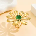 Gold flower ring with green stone, adjustable stainless steel ring for daily wear variant. - Steel - Green Agate