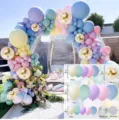 Pastel balloon arch kit with pink, blue, yellow, and purple balloons for party decor. - Macaron Color
