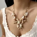 Bohemian shell starfish pearl statement necklace, gold tone beach vacation jewelry. - Multilayer Ocean Style Necklace (NC24Y0825-1)