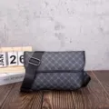 Men's vintage grey crossbody shoulder bag detail view with geometric pattern and strap. - Monogram Black