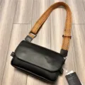 Men casual stylish crossbody bag black leather messenger bag with wide woven shoulder strap - Black