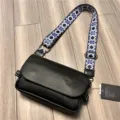 Trendy men casual crossbody bag black shoulder bag with blue patterned wide strap - Black