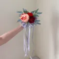 Artificial flower bouquet with ribbons, wedding chair back decor, elegant floral arrangement. - Single Set
