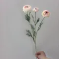 High quality artificial 3-head ranunculus silk flower with flocked stem for home decor. - Champagne