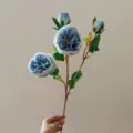 Blue artificial Austin rose silk flower stem with 3 heads for wedding home decor and floral arrangements. - Blue
