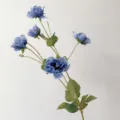 Artificial blue anemone silk flower detail, multi-head floral stem with green leaves decor. - Blue