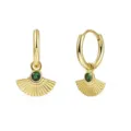 Elegant gold hoop earrings featuring green zircon fan-shaped pendant for women fashion. - Gold