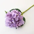 Purple artificial hydrangea single stem with three green leaves, perfect home decor photography prop. - Classical Light Purple