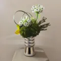 Modern designer mixed artificial flower bouquet with silver ribbed vase for home decor - Flower + Silver Spiral Electroplated Ceramic Vase