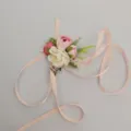 Artificial wrist corsage pink rose flower for wedding bridesmaid party decor piece - Wrist Flower (Double Ribbon)